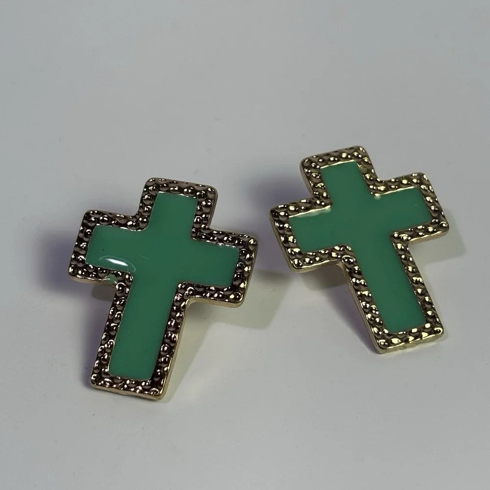 Cross Earrings Religious‎ Crucifix Green Enamel On Gold Tone Huge